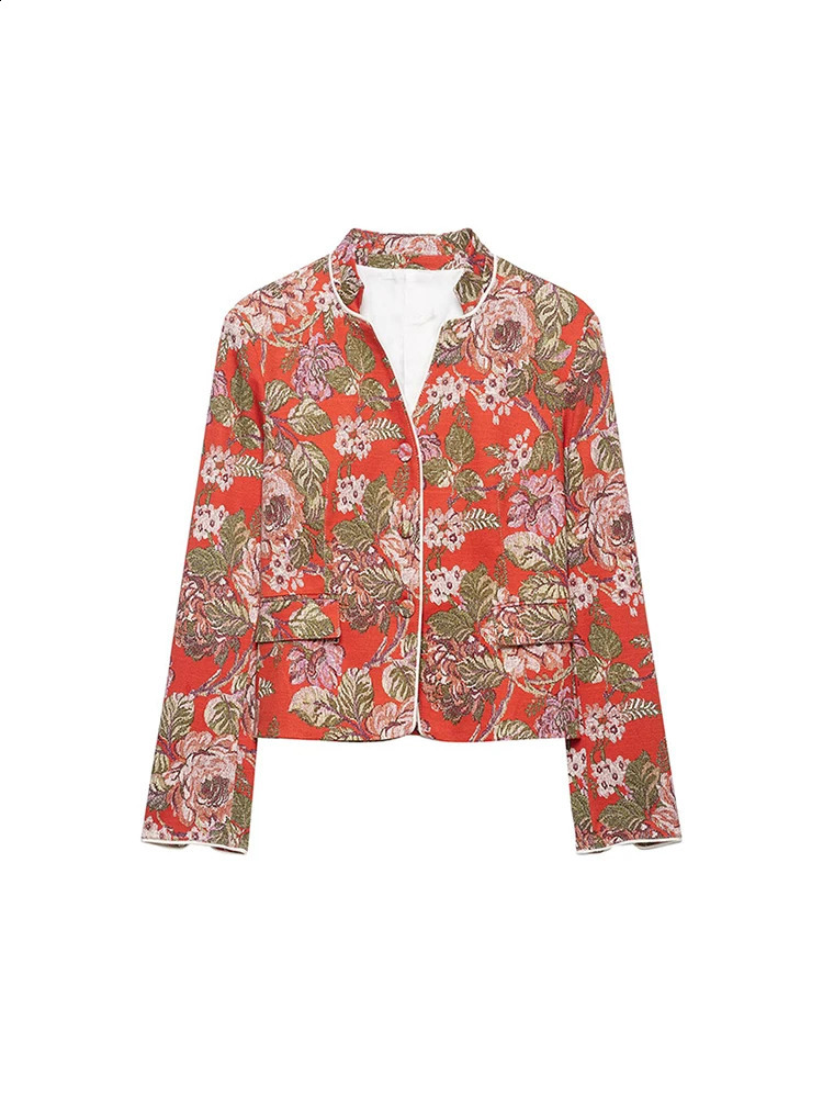 Women Vintage Blazer Stand Collar Single Breasted Long Sleeve Slim Jacket Fashion Office Lady Floral Elegant Autumn Outerwear 260909 - view 3