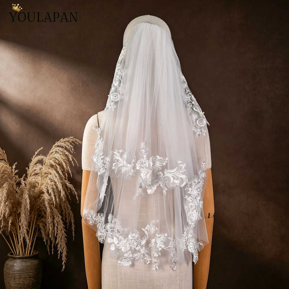 Lace TOPQUEEN Wedding Veil Edge Bridal Veils Two Layer Elegant Rochii Romantic Lace Elbow Length Complementos De Boda V391 J260903