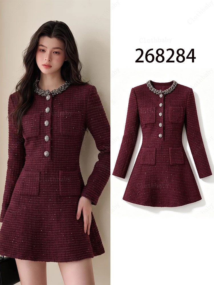 Self Portraits New Autumn Collection: Wine Red Tweed Sequin Round Neck Embellished Waist Cinching Knit Long Sleeve Dress
