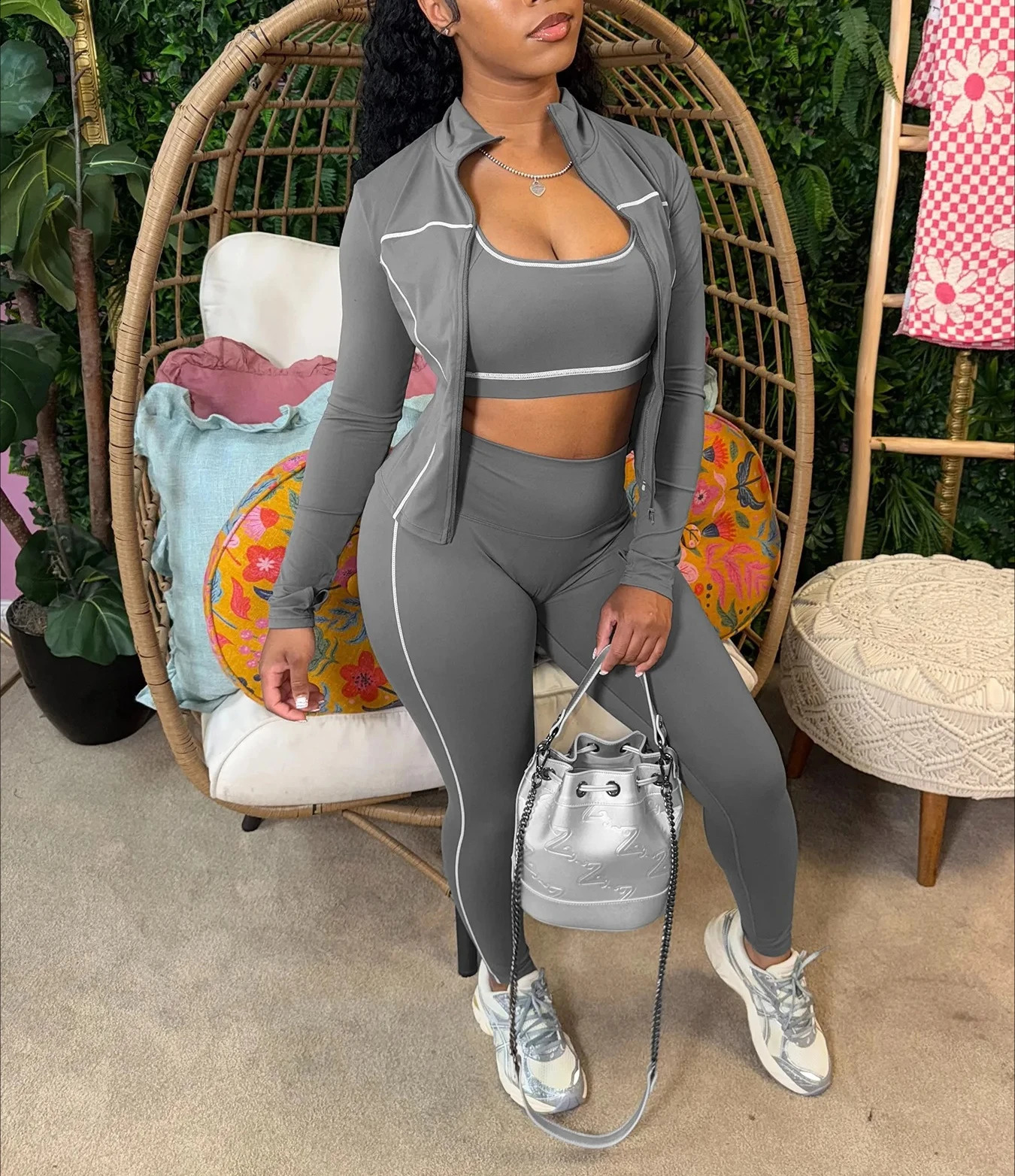 Casual 3 Piece Set Women Tracksuit Elastic VestZip JacketLeggings Matching Street Sporty Fitness Street Shapewear 260904