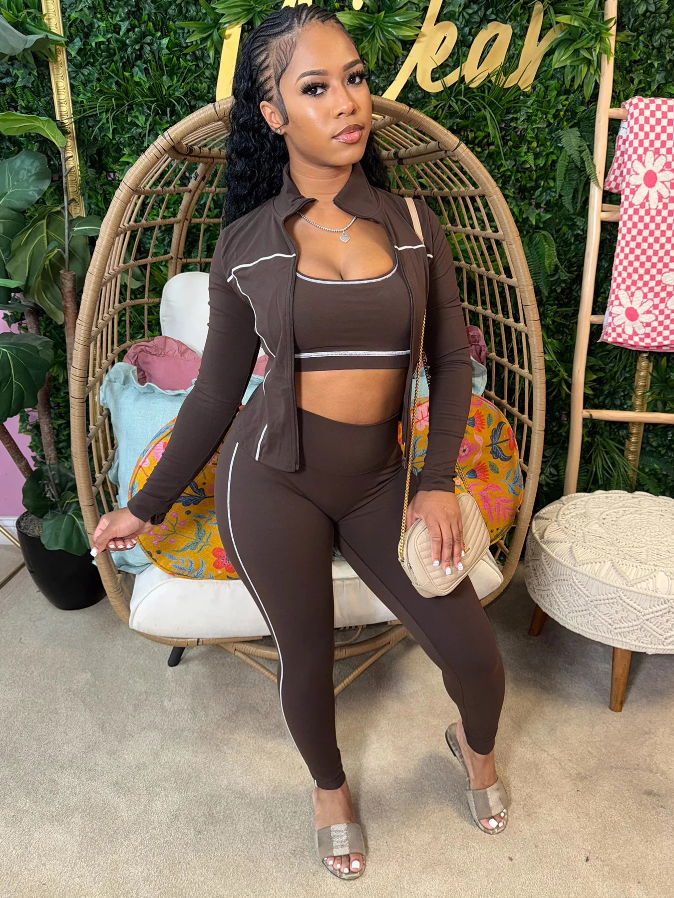 Casual 3 Piece Set Women Tracksuit Elastic VestZip JacketLeggings Matching Street Sporty Fitness Street Shapewear 260904 - view 4