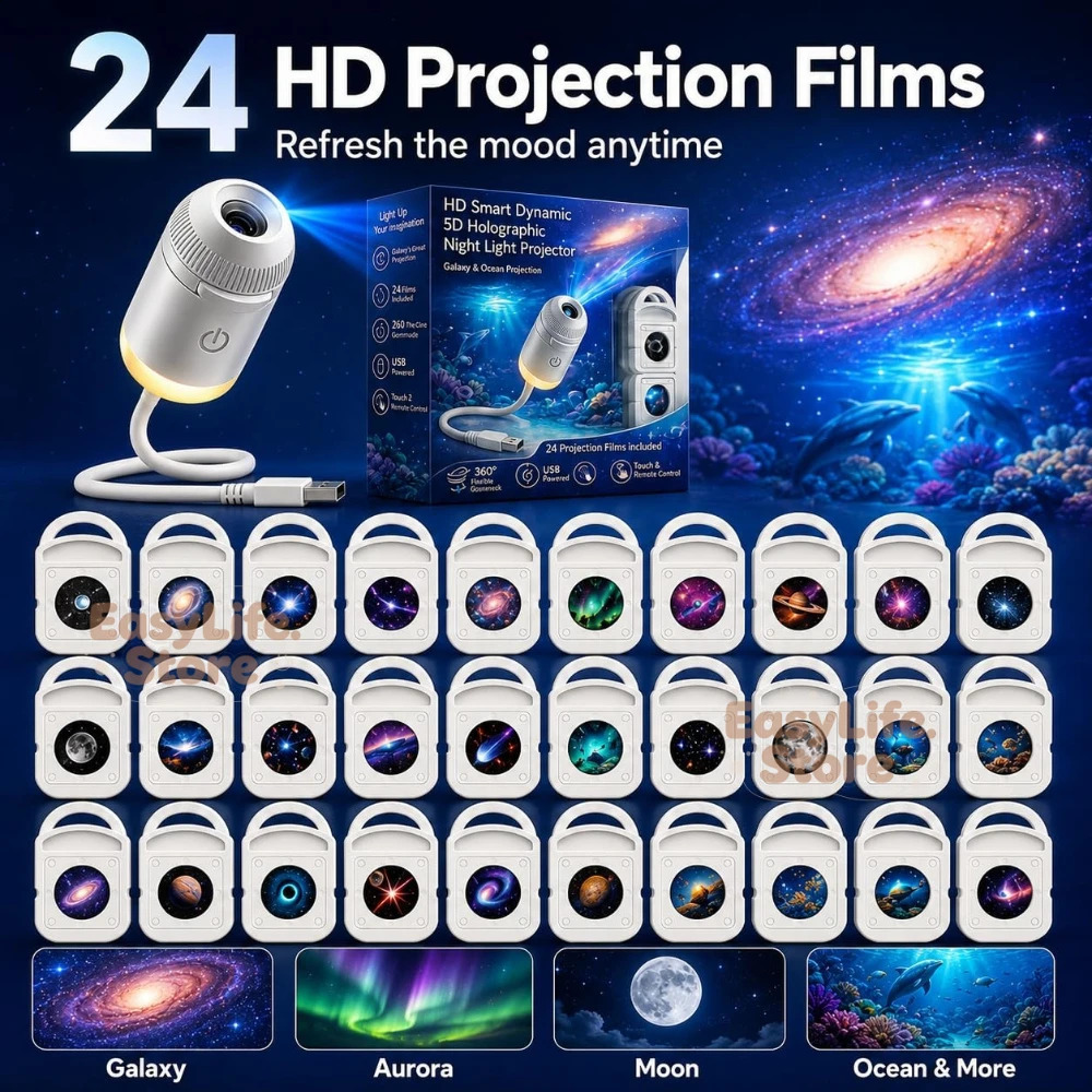 HD Smart Dynamic 5D Holographic Night Light Projector 2in1 Galaxy Star and Ocean Projector with 24 Films for Bedroom Decor 260904
