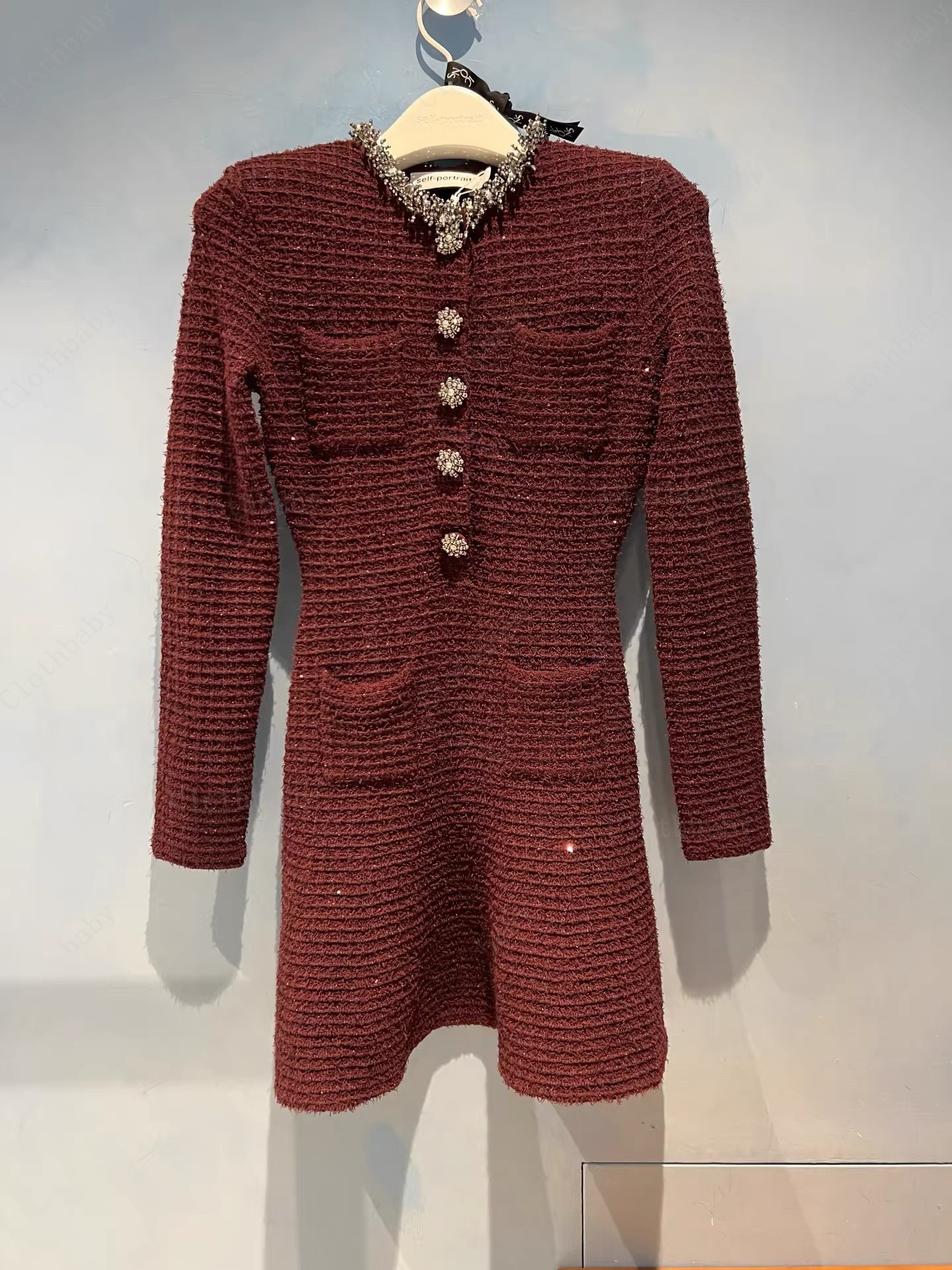 Self Portraits New Autumn Collection: Wine Red Tweed Sequin Round Neck Embellished Waist Cinching Knit Long Sleeve Dress - view 3