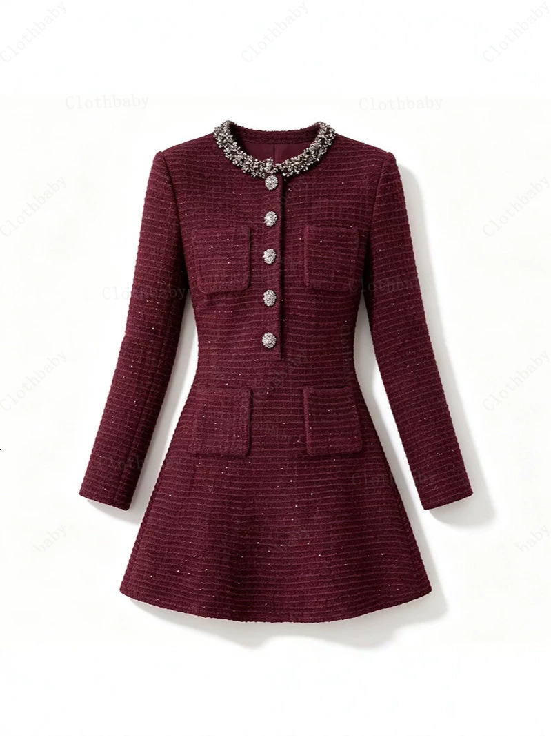 Self Portraits New Autumn Collection: Wine Red Tweed Sequin Round Neck Embellished Waist Cinching Knit Long Sleeve Dress - view 4