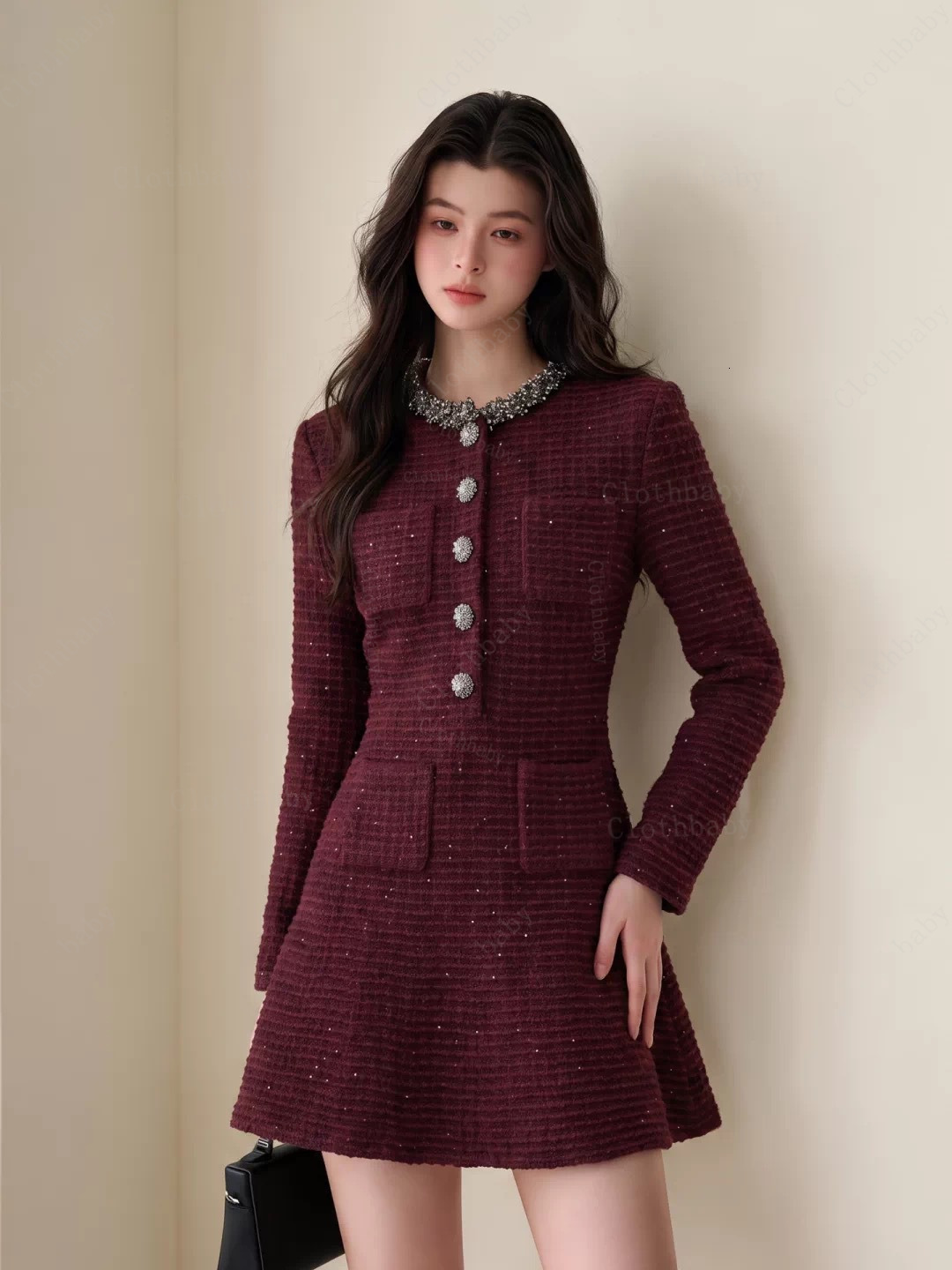 Self Portraits New Autumn Collection: Wine Red Tweed Sequin Round Neck Embellished Waist Cinching Knit Long Sleeve Dress - view 5
