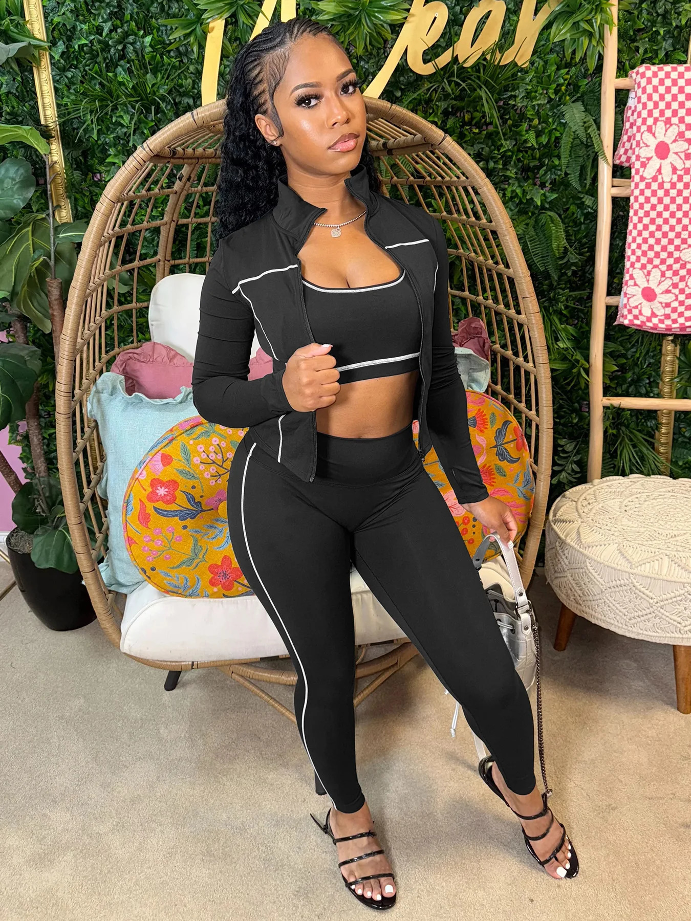 Casual 3 Piece Set Women Tracksuit Elastic VestZip JacketLeggings Matching Street Sporty Fitness Street Shapewear 260904 - view 3