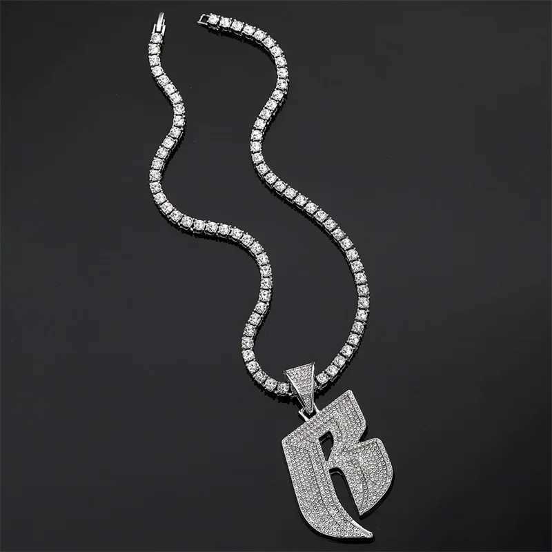 Hip Hop Full Crystal Letter R Pendant Necklace With 13mm Width Miami Cuban Chain Choker Fit Men Women Ruff Ryders Jewelry R260905 - view 7