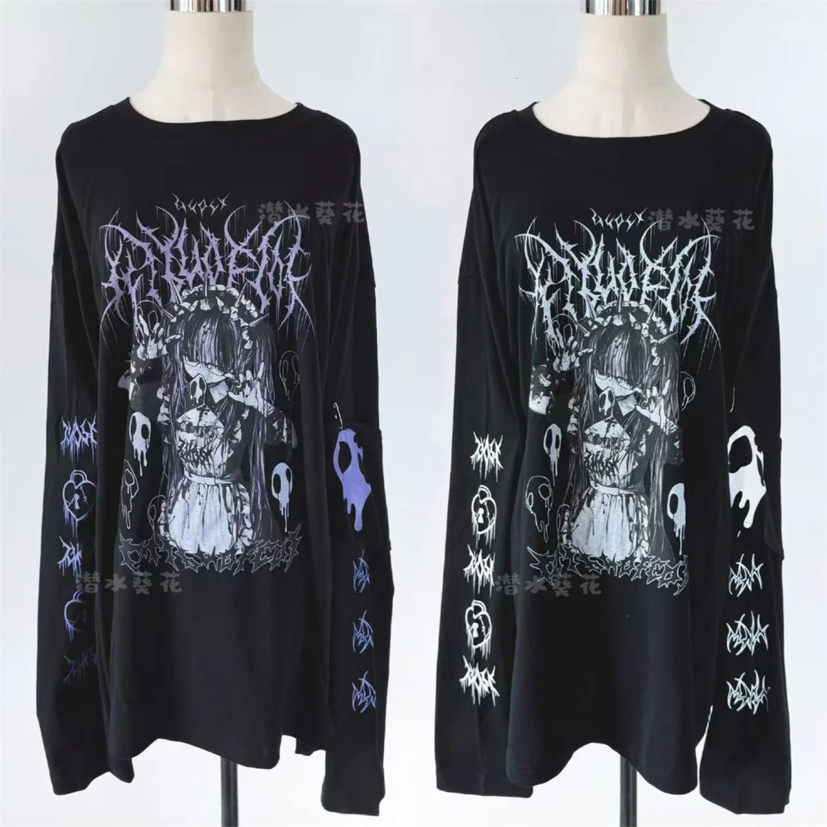 Original Crew Neck Black Y2K Long Sleeve T-Shirt Japanese Subculture Anime Print T Shirt Spring Autumn Loose Versatile Tops 260904