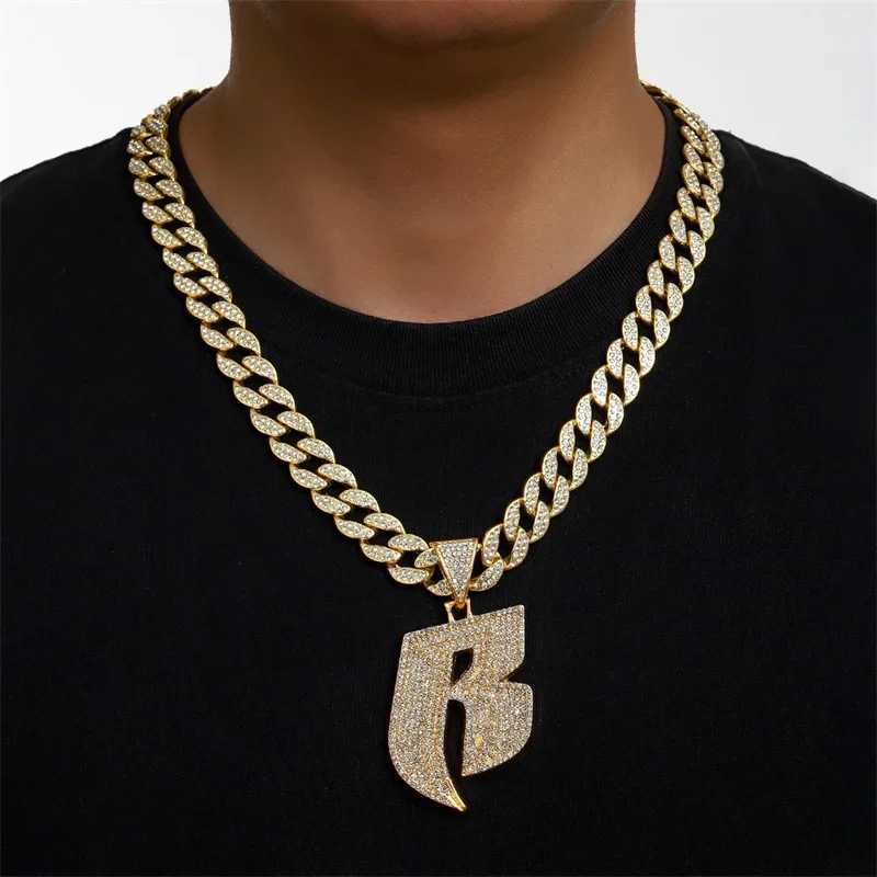 Hip Hop Full Crystal Letter R Pendant Necklace With 13mm Width Miami Cuban Chain Choker Fit Men Women Ruff Ryders Jewelry R260905 - view 4
