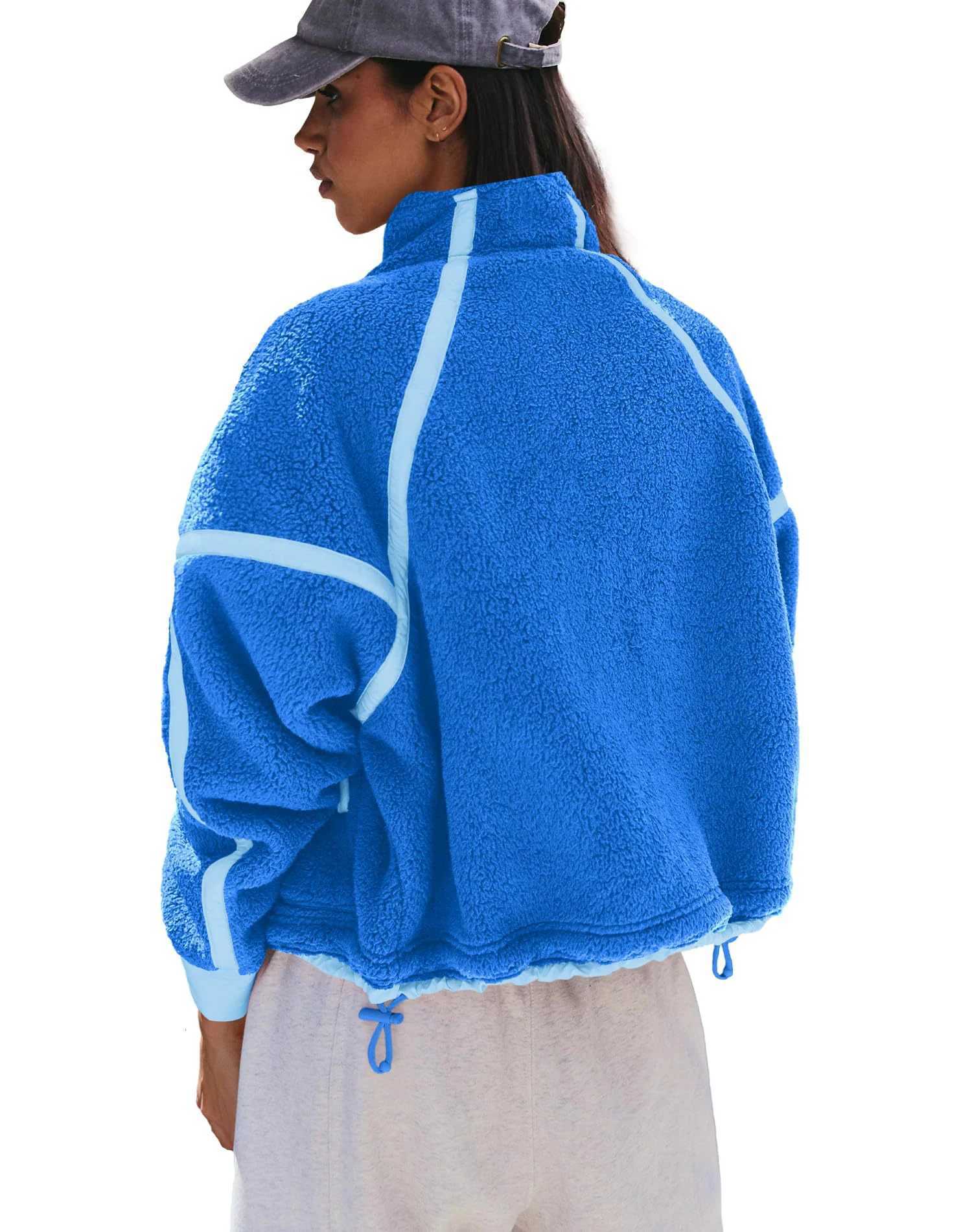 Fleece Women's Sherpa Stand Collar Jacket Zip Up Color Block Fuzzy Coat Casual Sports Outdoor Loose Fit Outerwear L260905 - view 6
