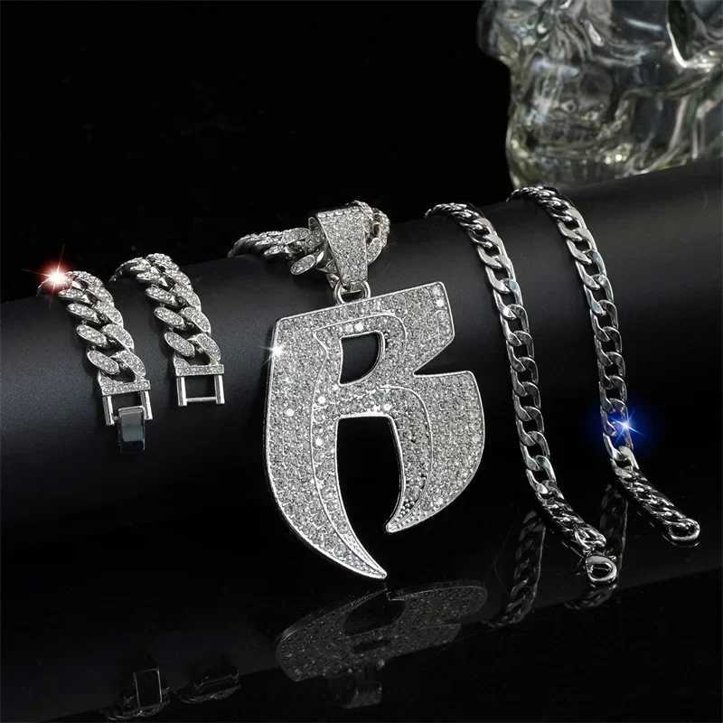 Hip Hop Full Crystal Letter R Pendant Necklace With 13mm Width Miami Cuban Chain Choker Fit Men Women Ruff Ryders Jewelry R260905 - view 5
