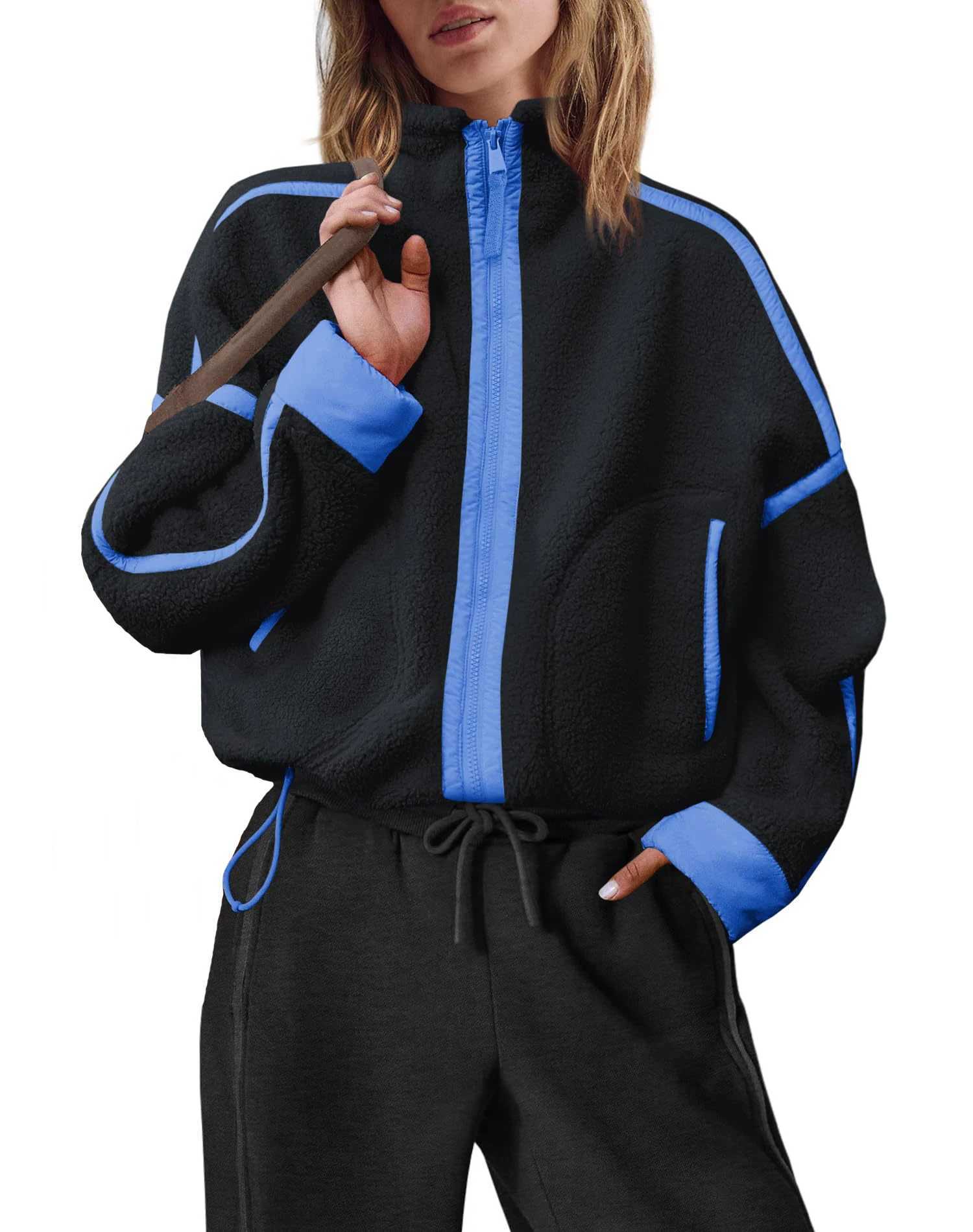 Fleece Women's Sherpa Stand Collar Jacket Zip Up Color Block Fuzzy Coat Casual Sports Outdoor Loose Fit Outerwear L260905 - view 3