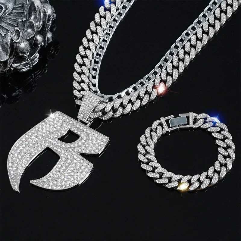 Hip Hop Full Crystal Letter R Pendant Necklace With 13mm Width Miami Cuban Chain Choker Fit Men Women Ruff Ryders Jewelry R260905 - view 6