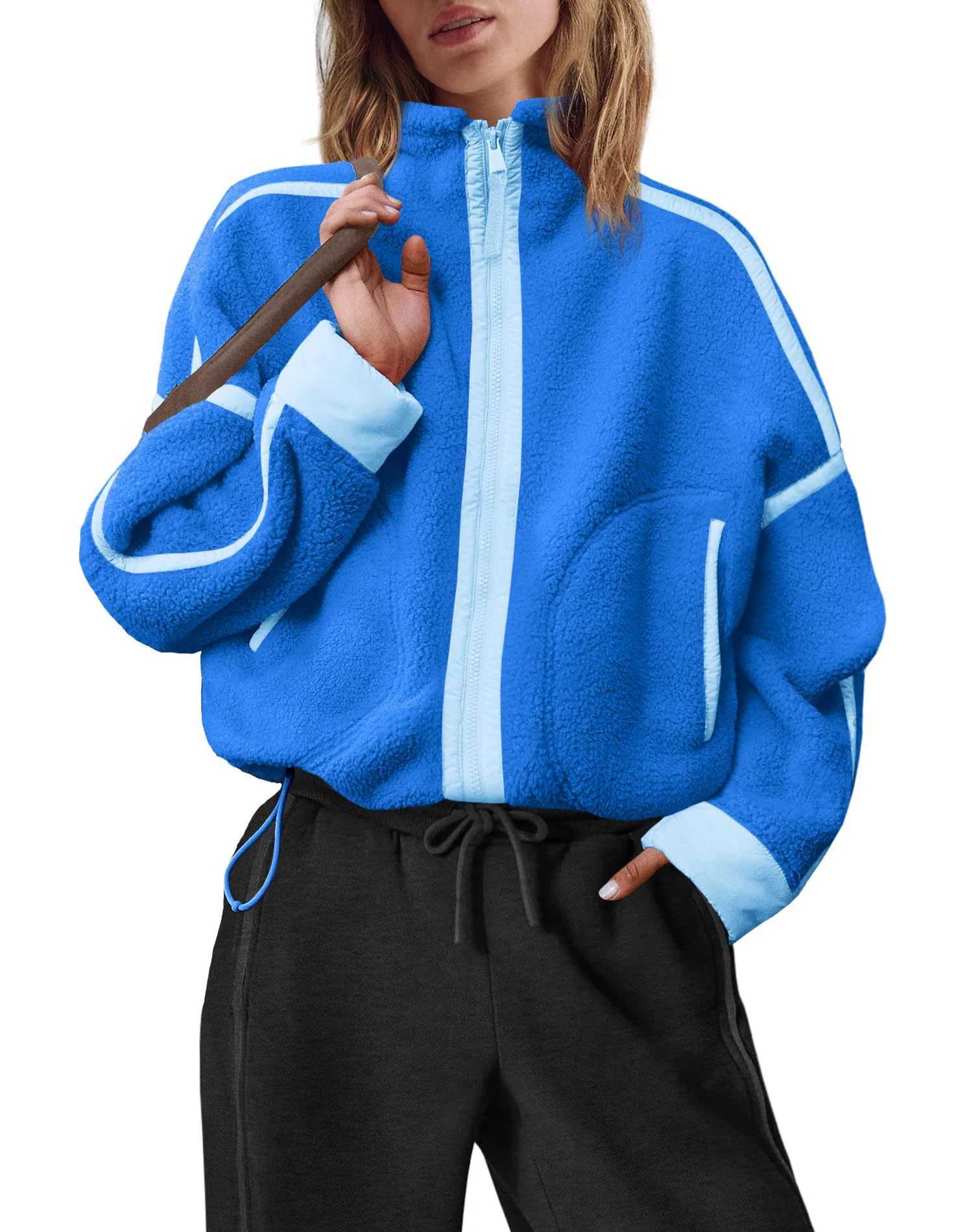 Fleece Women's Sherpa Stand Collar Jacket Zip Up Color Block Fuzzy Coat Casual Sports Outdoor Loose Fit Outerwear L260905 - view 5