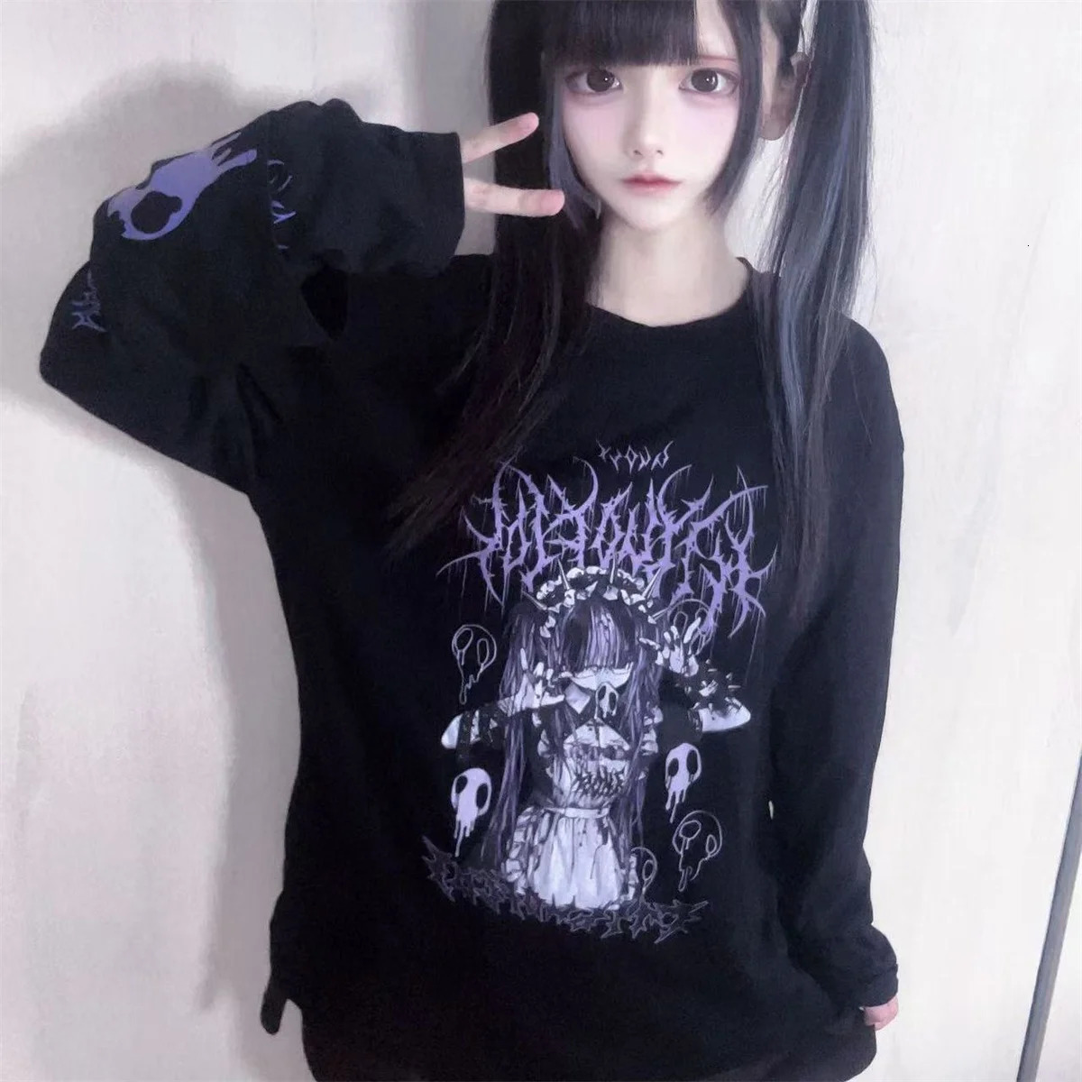 Original Crew Neck Black Y2K Long Sleeve T-Shirt Japanese Subculture Anime Print T Shirt Spring Autumn Loose Versatile Tops 260904 - view 6