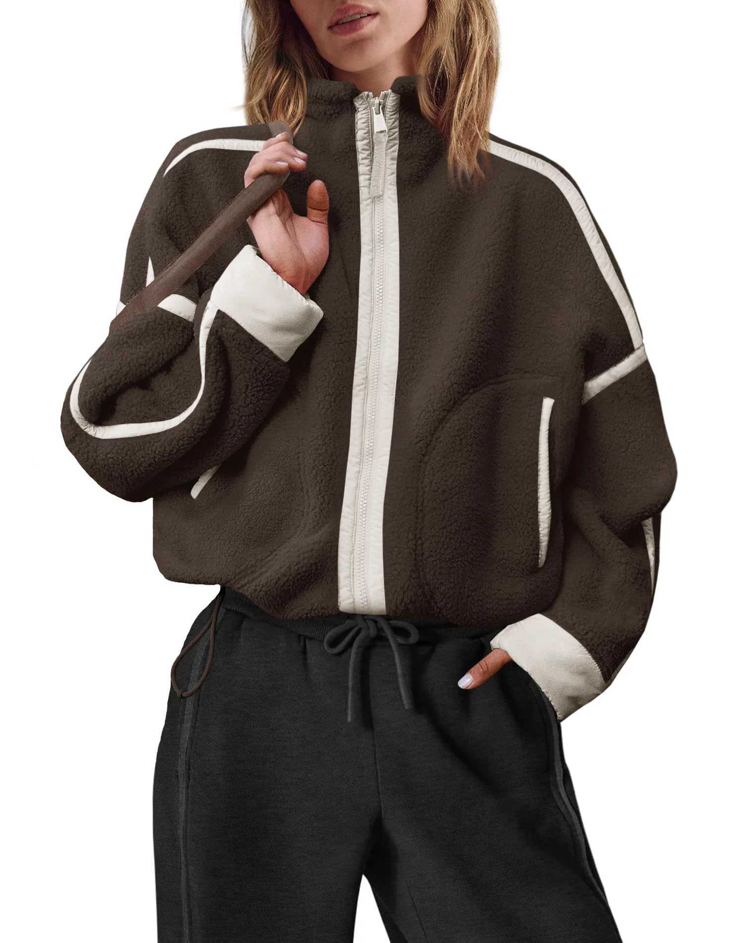 Fleece Women's Sherpa Stand Collar Jacket Zip Up Color Block Fuzzy Coat Casual Sports Outdoor Loose Fit Outerwear L260905 - view 7