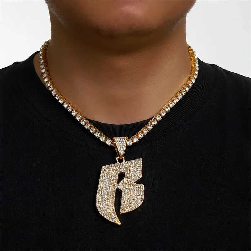 Hip Hop Full Crystal Letter R Pendant Necklace With 13mm Width Miami Cuban Chain Choker Fit Men Women Ruff Ryders Jewelry R260905 - view 3