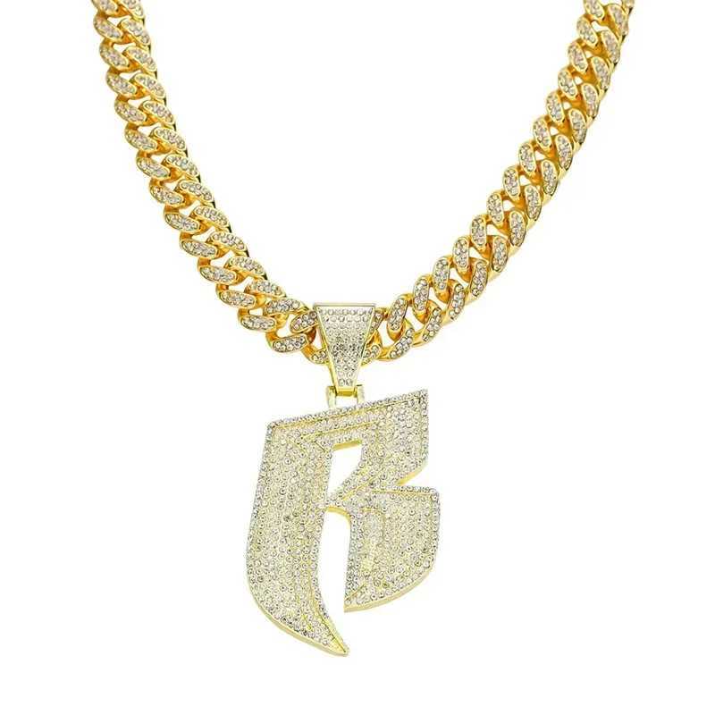 Hip Hop Full Crystal Letter R Pendant Necklace With 13mm Width Miami Cuban Chain Choker Fit Men Women Ruff Ryders Jewelry R260905