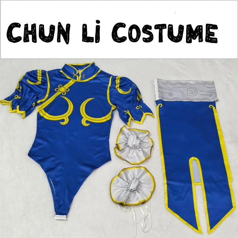 Womens Fighter Chun Li Cosplay Costume Game Fighter Chunli Blue Cheongsam with Headdress and Waistband Halloween Costume a260905 - view 6