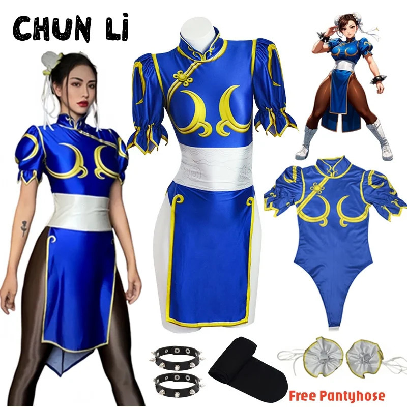 Womens Fighter Chun Li Cosplay Costume Game Fighter Chunli Blue Cheongsam with Headdress and Waistband Halloween Costume a260905