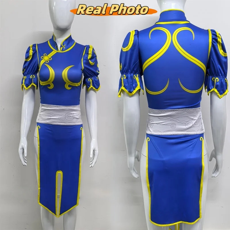 Womens Fighter Chun Li Cosplay Costume Game Fighter Chunli Blue Cheongsam with Headdress and Waistband Halloween Costume a260905 - view 5