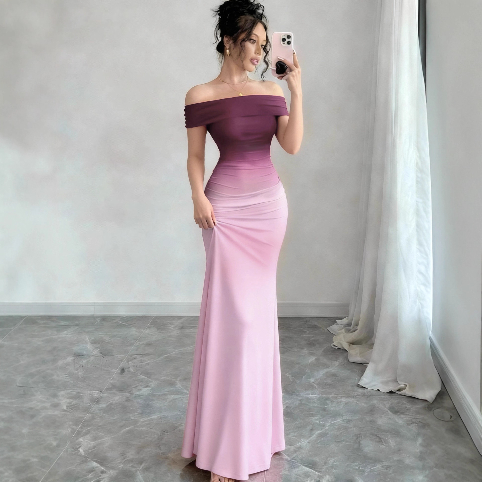 Ssss VC02 Tunica Chic Di Lunghezza Midi Fluida Con Sfumature Colorate-image