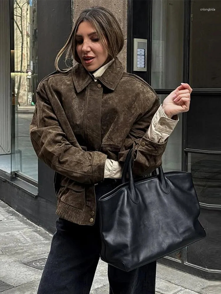 Women Vintage Distressed Faux Suede Jacket Lapel Collar Butt - view 3