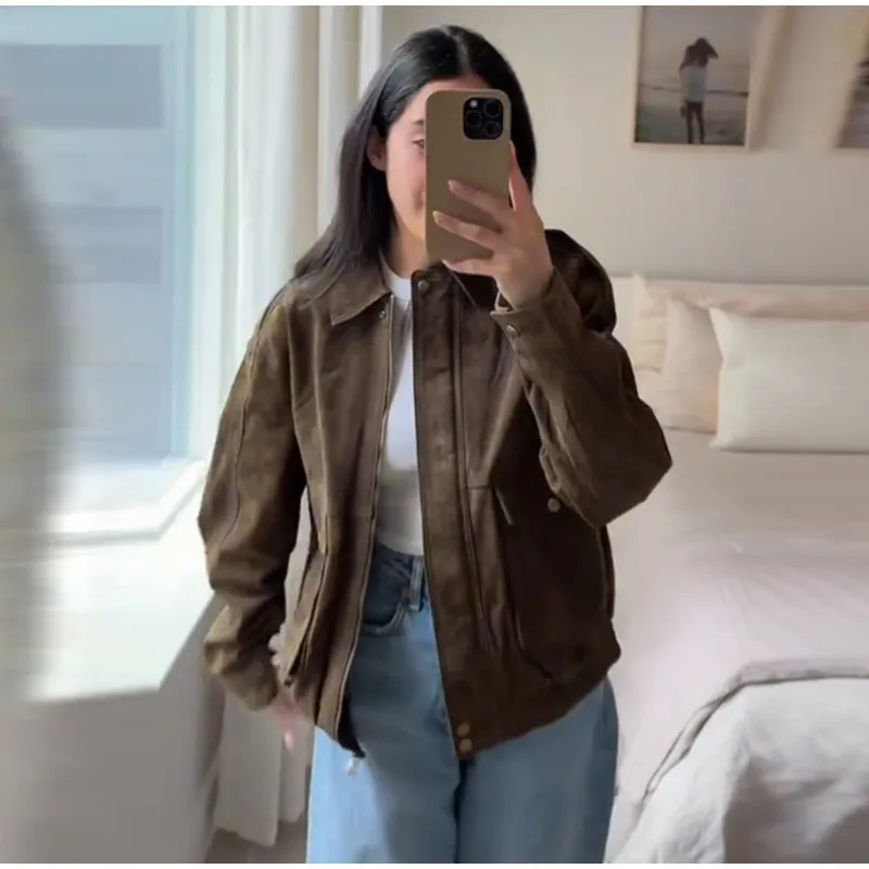 Women Vintage Distressed Faux Suede Jacket Lapel Collar Butt - view 5