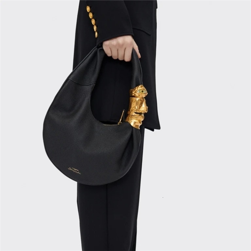 ner y Souffl Bag Women Black Grained Leather Face Hardware Half Moon Handbag Fashion Chic Trend High End Shoulder Bag 260828CJ