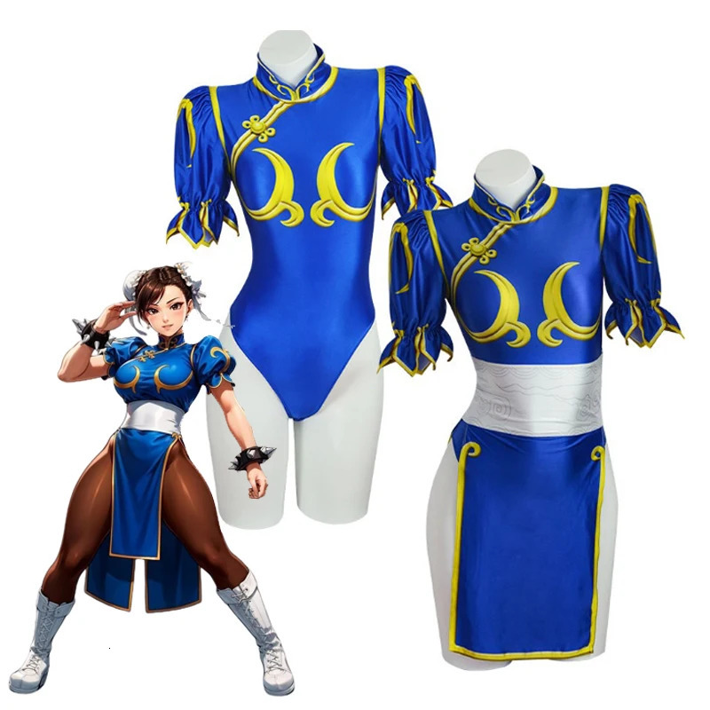 Womens Fighter Chun Li Cosplay Costume Game Fighter Chunli Blue Cheongsam with Headdress and Waistband Halloween Costume a260905 - view 4
