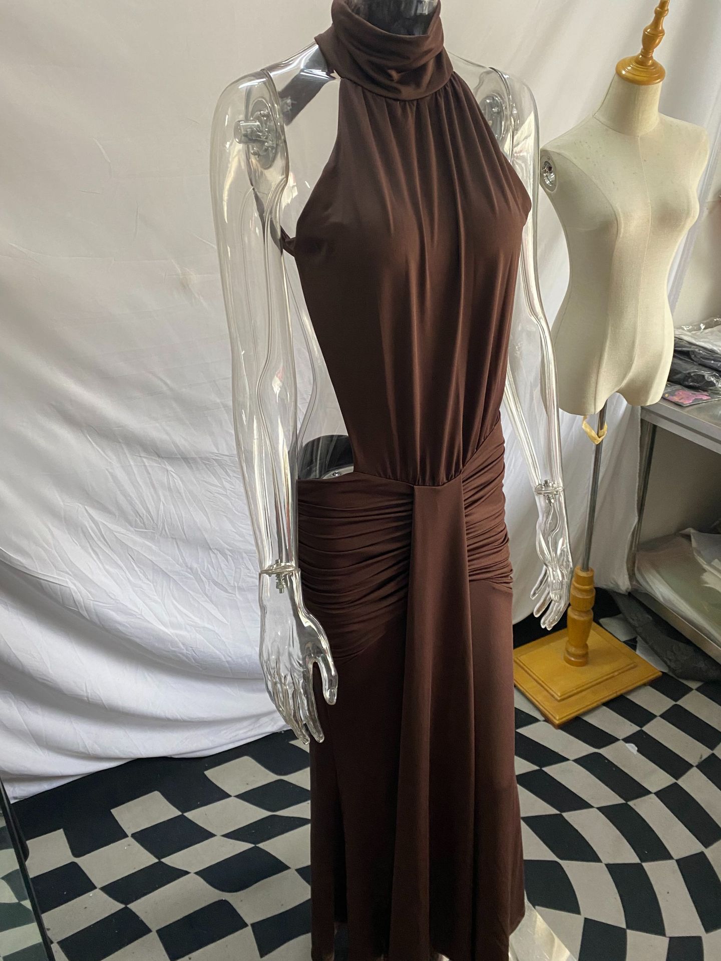 Casual Dresses Elegant Women High Neck Halter Backless Maxi Dress Ruched Waist Cut Out Mermaid Floor Length Evening Party Formal Gown - view 3