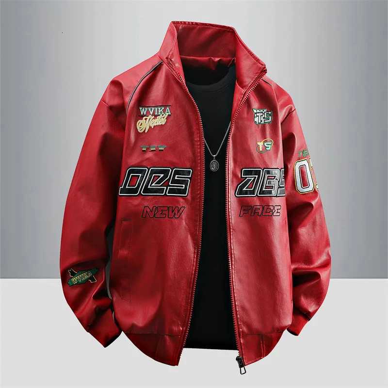 Letter Jackets Man Motorcycle Leather Embroidery Leather Coat Patchwork Fashion Streetwear American Motor Jacket Red White Black C260904