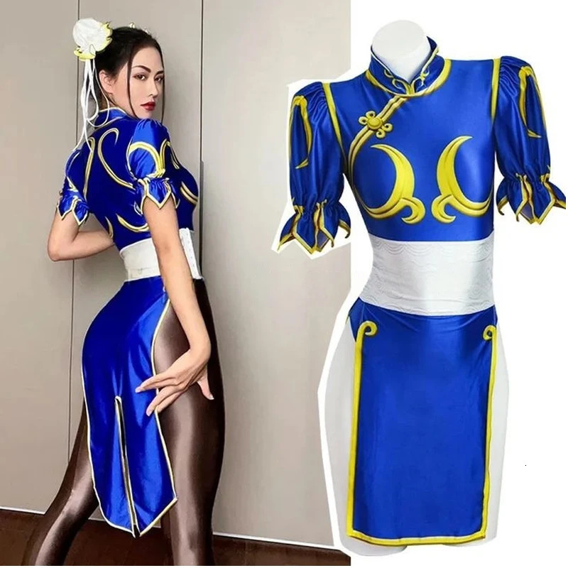 Womens Fighter Chun Li Cosplay Costume Game Fighter Chunli Blue Cheongsam with Headdress and Waistband Halloween Costume a260905 - view 3