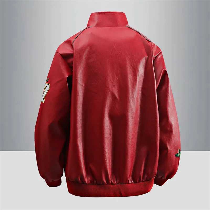 Letter Jackets Man Motorcycle Leather Embroidery Leather Coat Patchwork Fashion Streetwear American Motor Jacket Red White Black C260904 - view 5