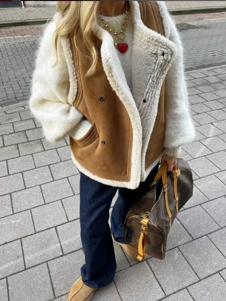 Fur Faux Leather Vest For Women Elegant Turndown Collar Sleeveless Warm Jackets 2025 Winter Chic Casual Female Waistcoat VestsT260907