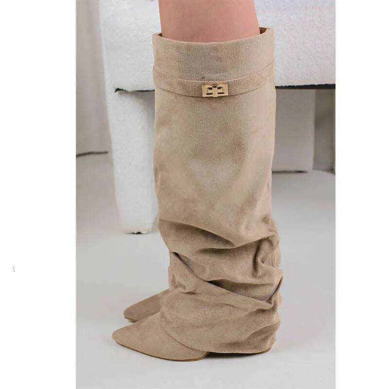 Women's Fold Over Knee High Boots Chunky High Heel Shark Print Wide Calf Slip On Over The Knee 5080 Boots 2026 Fashion Streetwear Wholesale In St - view 5