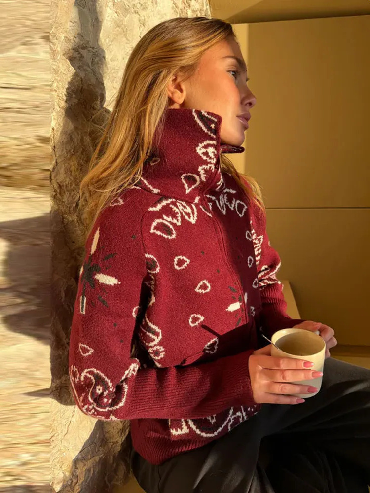 Casual Bandana Print Knitted Cardigan Women Chic Contrast Lapel Zipper Full Sleeve Sweater Female Fashion Spring Lady Coat 2415 - view 7