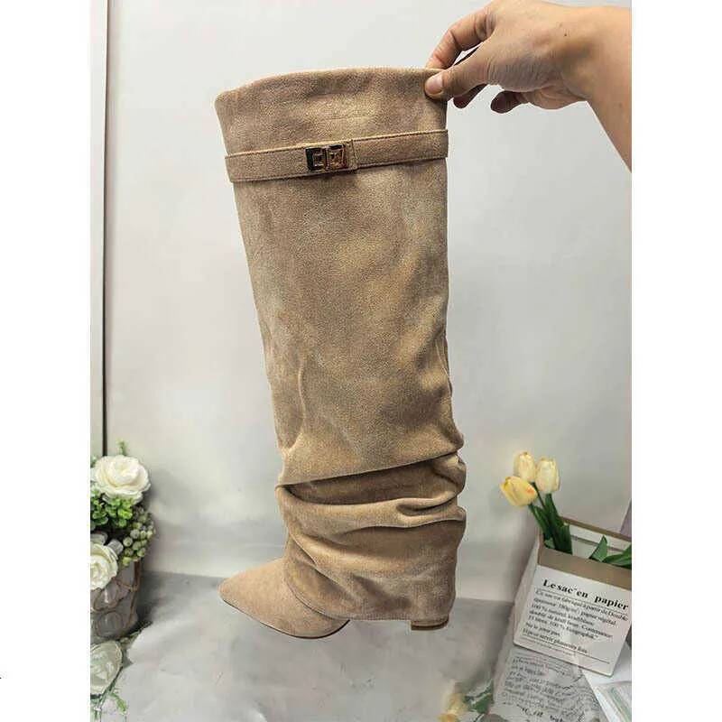 Women's Fold Over Knee High Boots Chunky High Heel Shark Print Wide Calf Slip On Over The Knee 5080 Boots 2026 Fashion Streetwear Wholesale In St - view 9