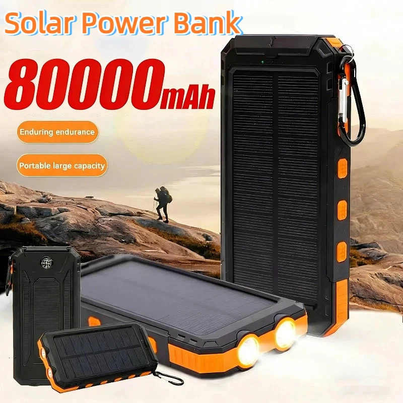 Solar Power Bank 80000mAh Portable Charging Powerbank External Battery Charger Strong Light LDE Light for All Smartphones 260907