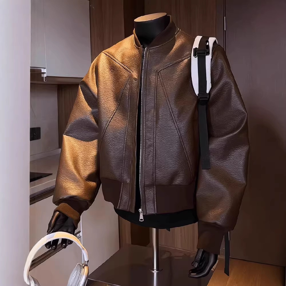 Designer Jacket American Luxury Fashion Brand Men's Stand Up Collar PU Leather Slim Fit Flying Baseball Jacket Youth Outdoor Sports And Leisure B - view 7