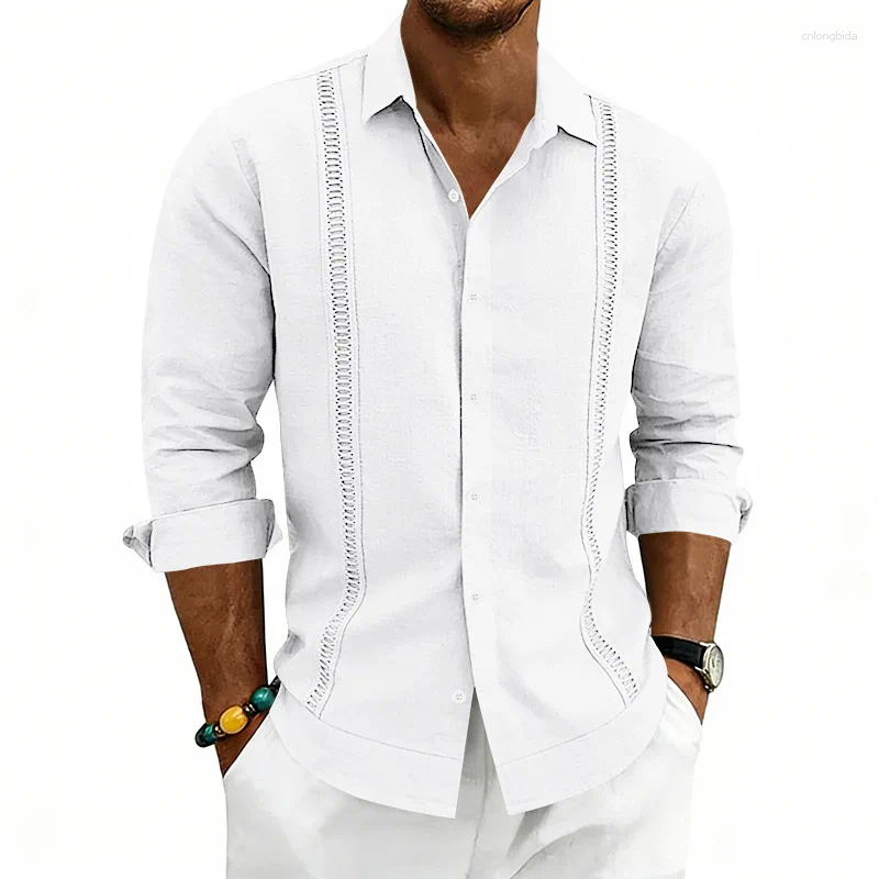 Men' s Casual Shirts Men Lapel Long Sleeve Linen Shirt H