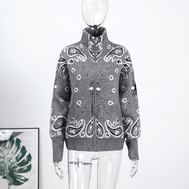 Casual Bandana Print Knitted Cardigan Women Chic Contrast Lapel Zipper Full Sleeve Sweater Female Fashion Spring Lady Coat 2415 - view 3