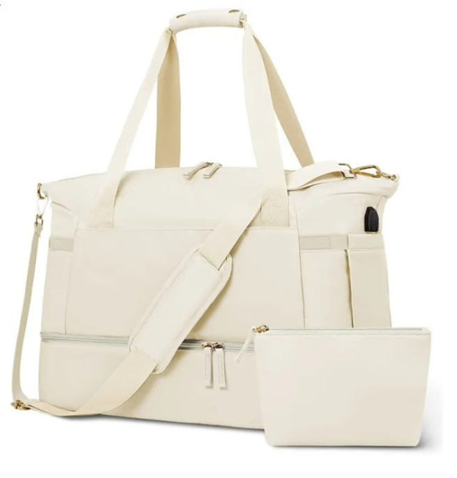 Urban Simplicity Nylon Gym Duffel Bag, Creamy-White Soft Travel Duffle with Zipper Closure, External Pouch, Single Handle, Compartment for Sport and C