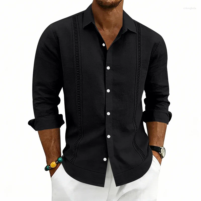 Men' s Casual Shirts Men Lapel Long Sleeve Linen Shirt H - view 6