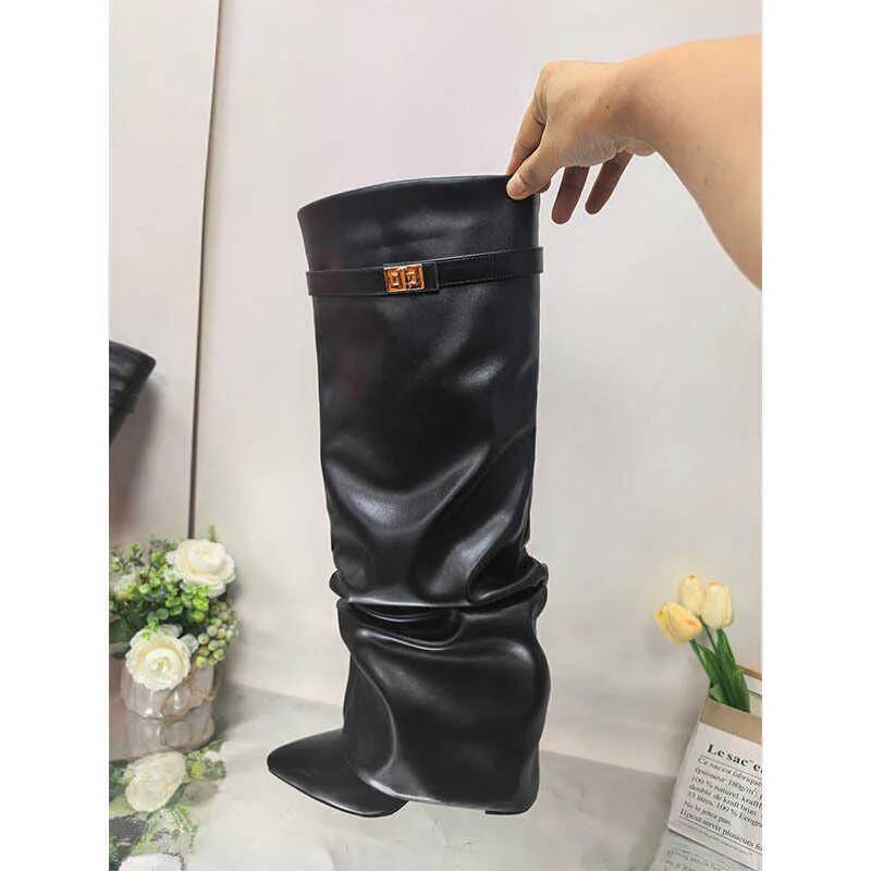Women's Fold Over Knee High Boots Chunky High Heel Shark Print Wide Calf Slip On Over The Knee 5080 Boots 2026 Fashion Streetwear Wholesale In St - view 7