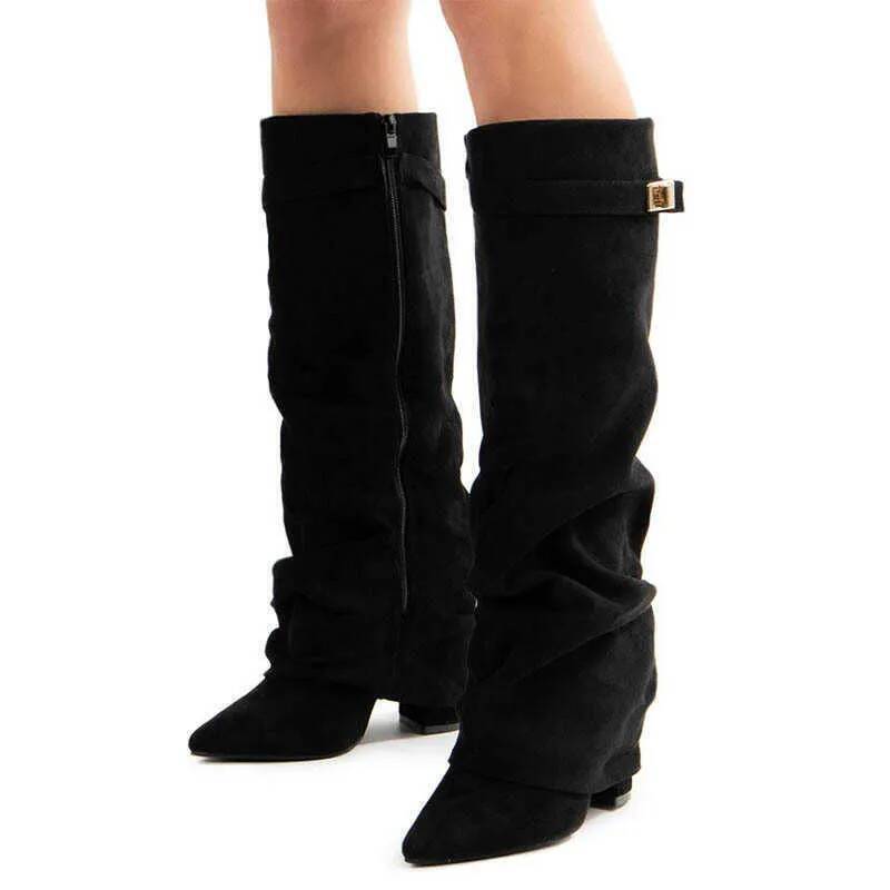 Women's Fold Over Knee High Boots Chunky High Heel Shark Print Wide Calf Slip On Over The Knee 5080 Boots 2026 Fashion Streetwear Wholesale In St - view 3