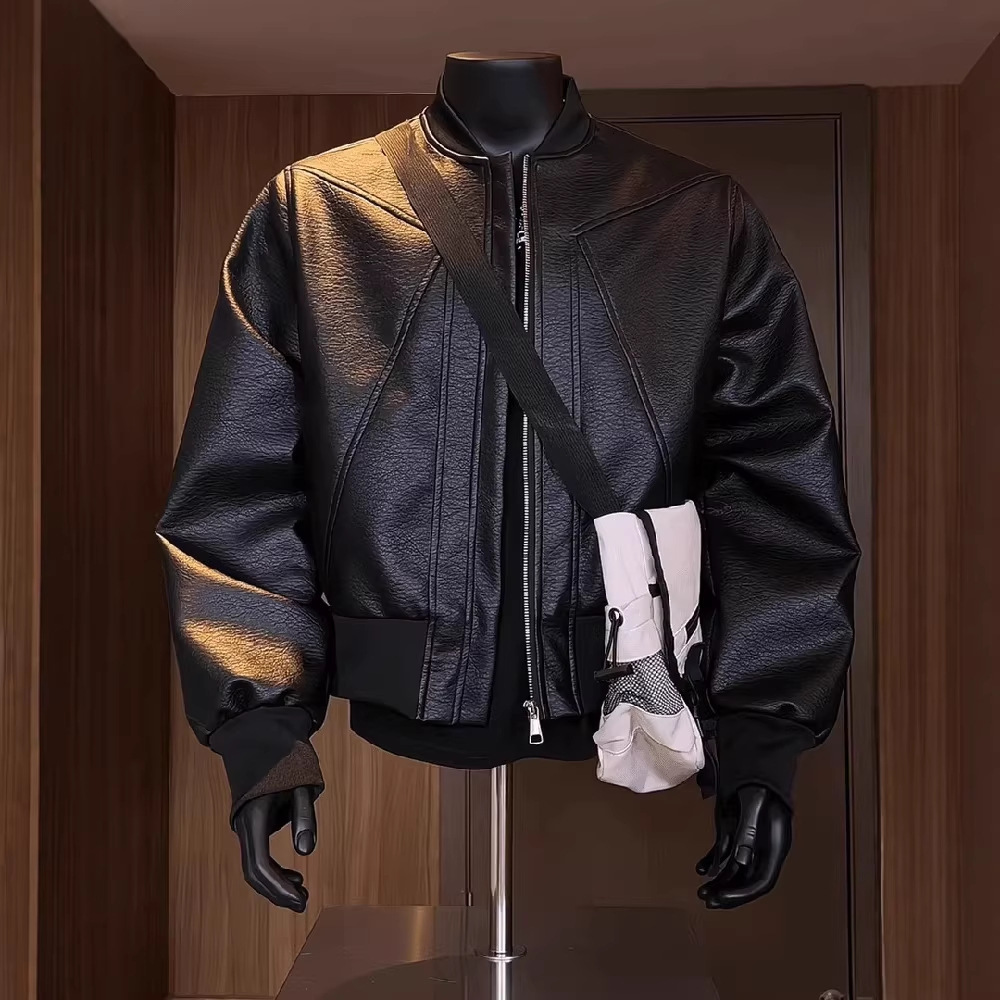 Designer Jacket American Luxury Fashion Brand Men's Stand Up Collar PU Leather Slim Fit Flying Baseball Jacket Youth Outdoor Sports And Leisure B - view 9