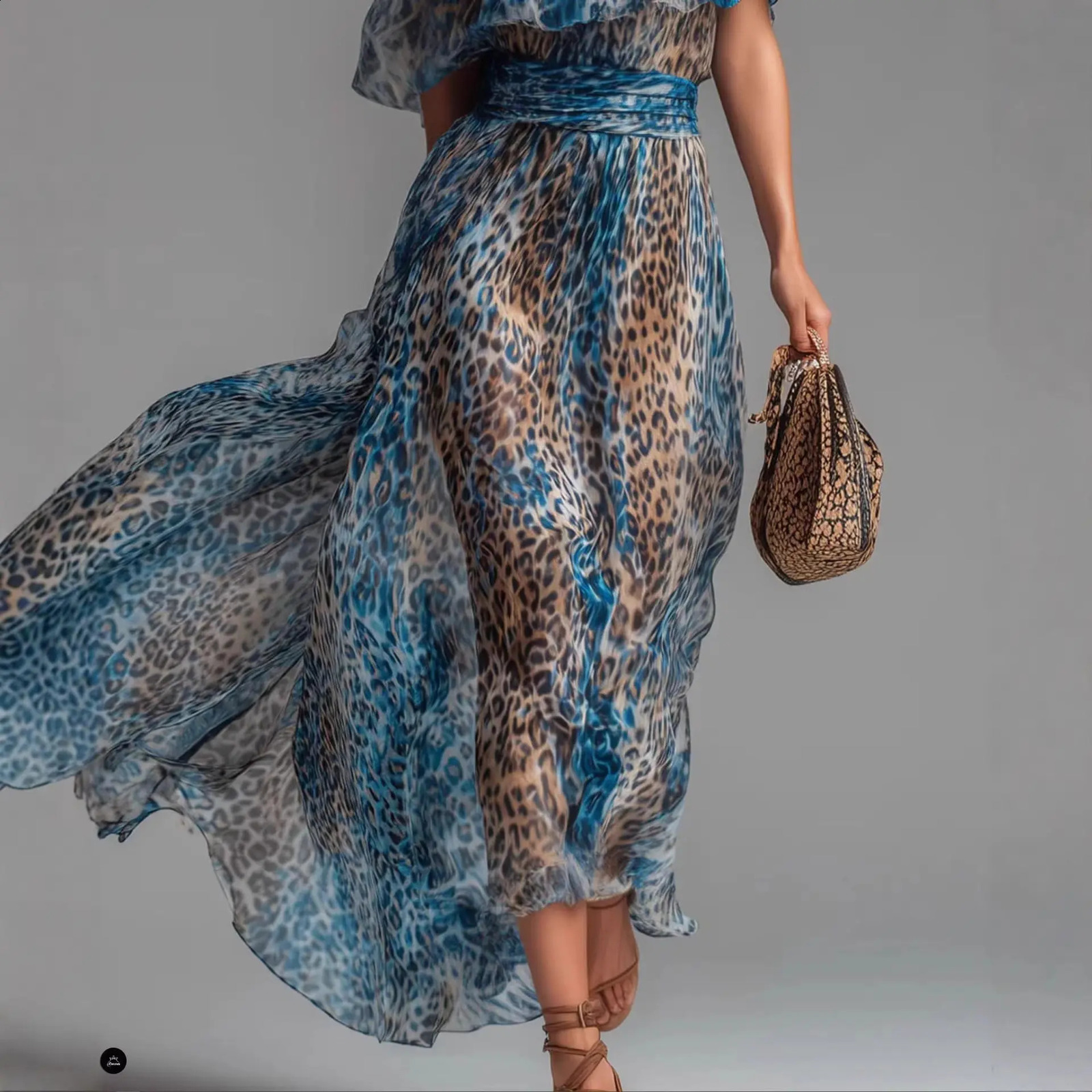 Elegant Leopard Print Chiffon Women Maxi Dress Off Shoulder Ruffles Waist Slimming Vacation Casual Beach Long Dress 260907 - view 4
