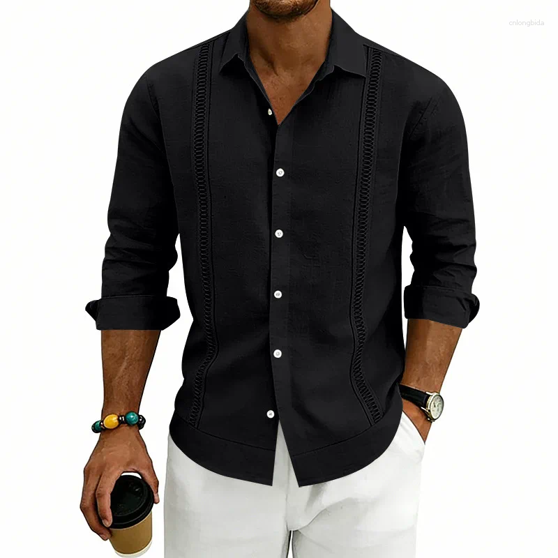 Men' s Casual Shirts Men Lapel Long Sleeve Linen Shirt H - view 8