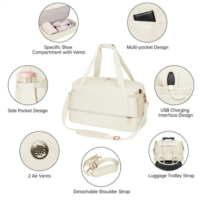 Urban Simplicity Nylon Gym Duffel Bag, Creamy-White Soft Travel Duffle with Zipper Closure, External Pouch, Single Handle, Compartment for Sport and C - view 5